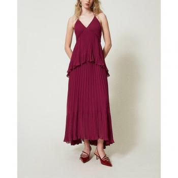 Vestito lungo in georgette plissettato TWINSET, viola Red Plum, Taglia 38