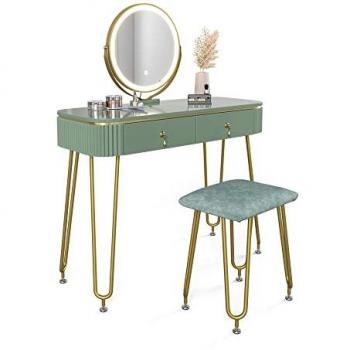 Coiffeuse Grace, Vert Lumineux 100 cm avec Éclairage LED et Tabouret