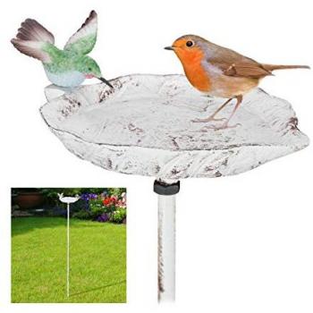 Relaxdays Mangeoires en fonte – abreuvoir oiseaux, pic de terre, décor jardin, 1 m blanc