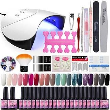 KIT UÑAS SEMIPERMANENTES COSCELIA COMPLETO 20PCS 8ML ESMALETES GEL CON LÁMPARA U‑V LED 36W BASE Y TOP COAT HERRAMIENTAS PARA UÑAS