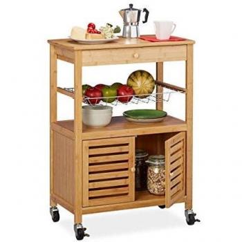 Bambus Küchenwagen mit Arbeitsplatte, Schrank und Korb auf Rollen, 82 x 59,5 x 35 cm