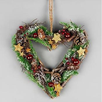 30cm Battery Operated LED Twig Heart Wreath with Red Baubles and Pine Cones