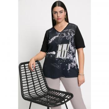 Plus Size V-Neck Top with Retro Print for Women, Black, Size: 36/38, Polyester/Viscose