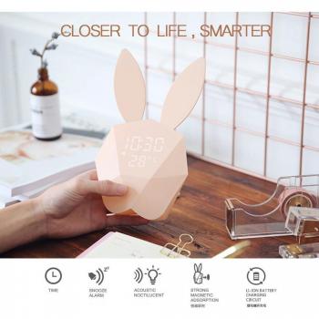 Réveil numérique Lapin LED avec contrôle vocal et affichage de la température (Rose)