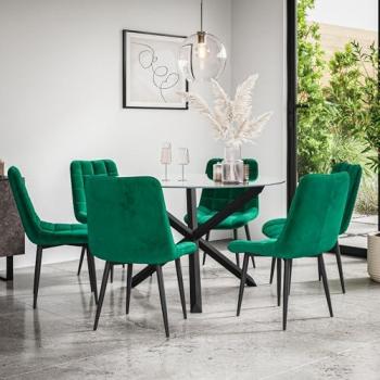 ClearGlass Oak Leg Dining Table + 6 Nova Velvet Green Chairs – Malvern Series