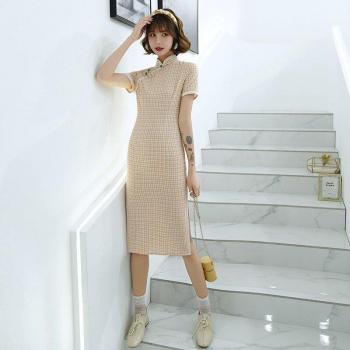 Robe vintage Qipao en coton crème, longueur genou, style universitaire pour femmes