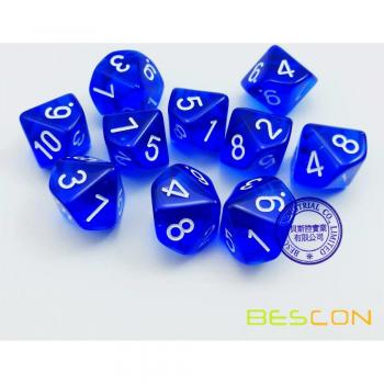 10 Sided Dice Set, Blue Transparent, Numbers 1-10