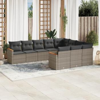 10-Piece Patio Sofa Set with Cushions Grey Poly Rattan