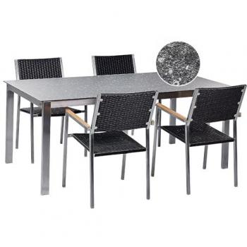 Black Granite Effect Garden Dining Set with Stainless Steel Frame, Glass Top, and 4 PE Rattan Chairs