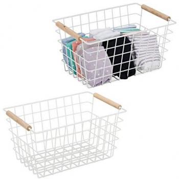 White Square Wire Bin Pair – Wooden Handles, Lattice Pattern (16x31x21 cm)