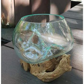 Tazón de Vidrio Fundido con Soporte de Madera