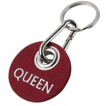 Kirschroter Rondo-Keyring mit Queensymbol und silberner Flockierung