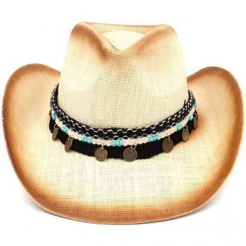 Men’s and Women’s Straw Cowboy Hat with Leather Band, 58CM