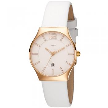 Analog Quarz Uhrenmodell JOBO für Damen – Edelstahl, roségoldplatin, weißes Lederband