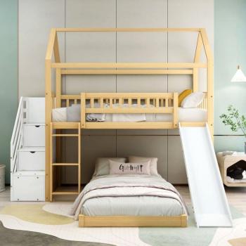 Letto a Castello in Legno con Scaletta ad Angolo e Scivolo 90x200 cm
