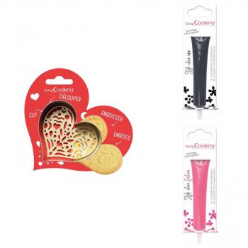 Kit de découpe en relief Coeur + 2 stylos chocolat noir et fuchsia Scrapcooking