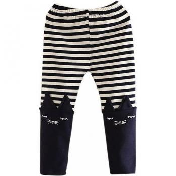 Cotton Striped Leggings with Cartoon Cat Design for Girls (Ages 2-10, Sizes 90-140 cm)