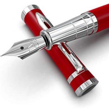 Wordsworth & Black Medium Nib Fountain Pen Set, 6 Ink Cartridges, Ink Refill Converter, Gift Case, Smooth Writing Pens [Red]
