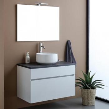 Salle de bain : meuble suspendu 80 cm, design blanc/anthracite