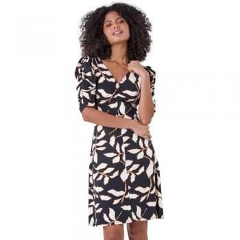 Women's Black Ditsy Leaf Ruched Puff Sleeve Dress – Size 10
