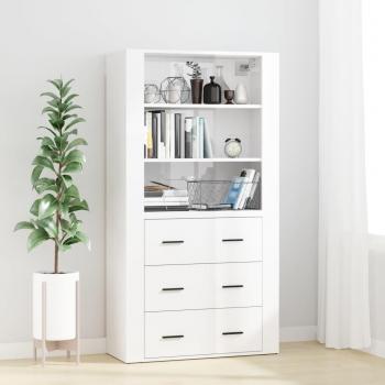 Aparador alto de madera contrachapada blanco brillo con puertas y cajón