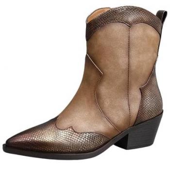 Cowboy Style Bronze Metal Ankle Boot, Pointed Toe, Block Heel
