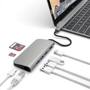 Satechi Adaptateur Multi-Ports 4K HDMI (30Hz), Port de Type-C, Ethernet Gigabit, lecteur de cartes SD/Micro SD, et 3 Ports USB pour MacBook 12 et nouveau MacBook Pro 2016 (Gris Sideral)