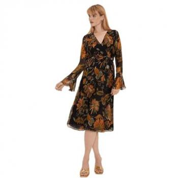 Oasis Dark Floral Silk Mix Belted Wrap Midi Dress Black Size 8