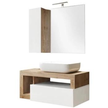 Meuble de Salle de Bain 92cm Suspendu avec Miroir Blanc et Bois