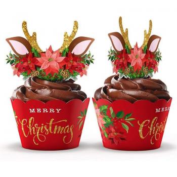 Set Cadeau Noël Cerf Gâteaux 24 Toppers Papier