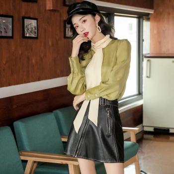 Blusa elegante de satén con lazo, diseño francés, color verde