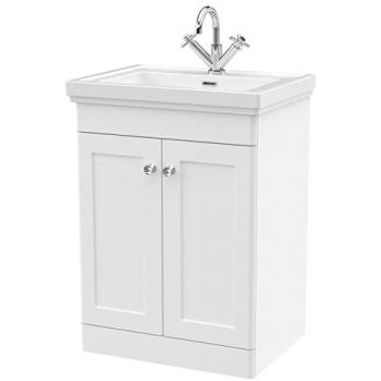 Satin White 600mm Floor Standing Vanity Unit with 1 Tap Hole