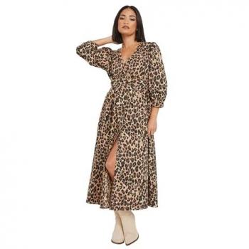 Petite Brown Leopard Print Midi Dress with Buttons