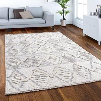 Tapis Frangé en Peluche Courte Crème et Gris 160 cm
