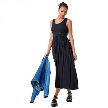 Peignoir mi-long en coton avec détails en dentelle Noir