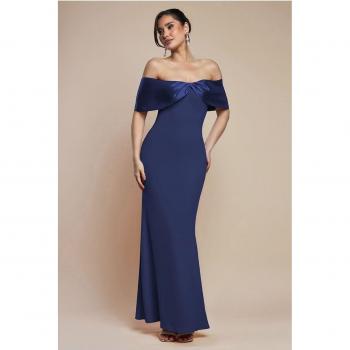 Twist Knot Bardot Maxi Dress (Navy) – Goddiva Satin & Scuba