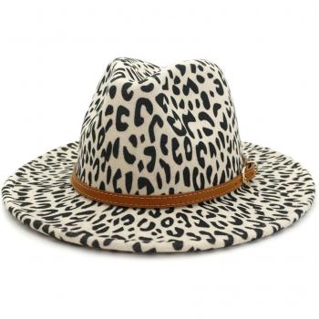 FS Jahrgang Elegante Panama-Kappe mit Leopardmuster und breiter Krempe für Frauen, Trilby Fedora Jazz Stil mit Lederband-Dekor