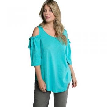 Maglia con Spacchetti sulle Spalle, Svasata, Turchese, Maniche a 3/4, Taglia 56/58, Cotone/Fibre Sintetiche