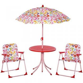 Pink Butterfly Kids Folding Picnic Table and Chair Set with Parasol