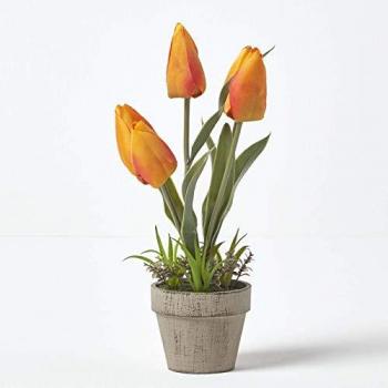 27 cm Grey Stone Pot with Orange and Red Artificial Tulips