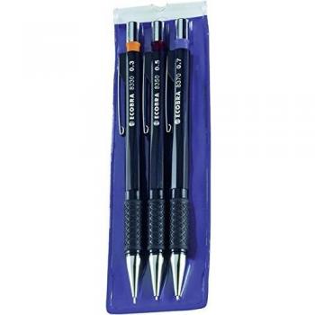 Druckbleistift-Set mit 3 Stiften, Strichstärke 0,3 / 0,5 / 0,7 mm, Clip, Radiergummi, 1 Etui = 3 Stifte, schwarz