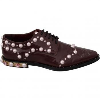 Dolce & Gabbana Bordeaux Leather Formal Shoes with Crystal Pearls