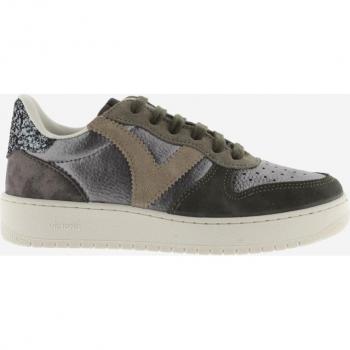 Baskets Victoria Madrid en cuir métallisé et daim pour femme, coloris argent/marron/vert, taille 38