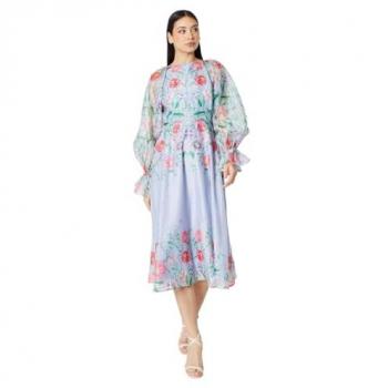Coast Lilac Floral Organza Midi Dress with Self‑Tie Belt