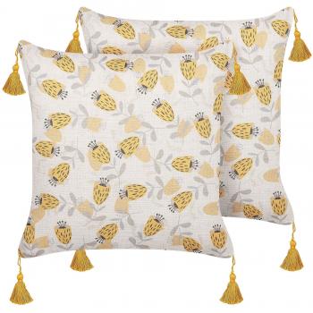 Cushion Set of 2 Yellow and Beige Floral 45 x 45 cm