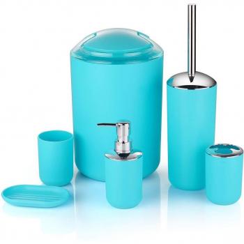 Badezimmer Zubehör Set 6-teilig aus Kunststoff mit WC Pinsel, Seifenschale, Zahnpasta Spender und schwenkbarem Deckel