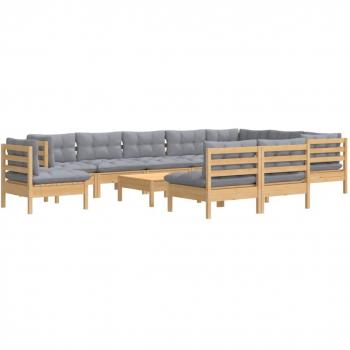Ensemble extérieur 11 pièces en bois de pin solide avec coussins gris