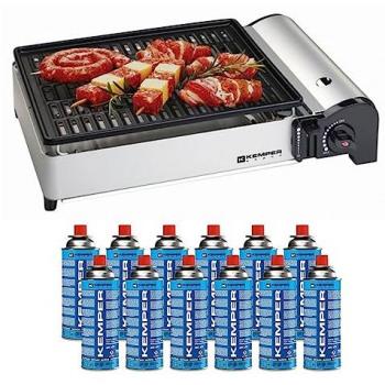 Kemper barbacoa gas 1900W con parrilla antiadherente + 12 cartuchos de camping