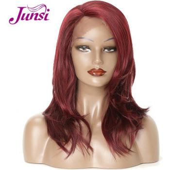 JUNSI Synthetic Heat‑Proof Black Bob Wig – kurz, wellig, vorne Spitzen-Design, für Frauen
