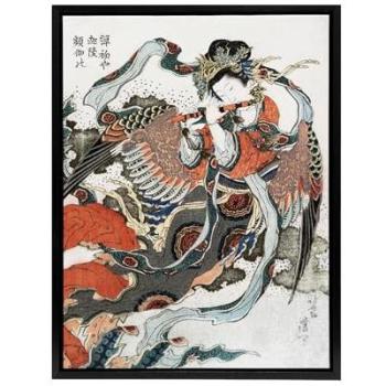 Hokusai’s Crimson Songbird & Woman – Framed Print